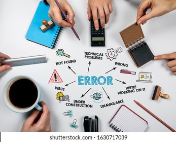 Error. Programming, social networking, SEO, search and service delivery concept. Chart with keywords and icons. Meeting, creative work and discussion at the white table