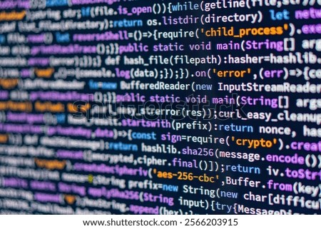 Error.A close-up image of coded text in various colors purple, green, orange, yellow, red, blue suggesting syntax highlighting in a programming context