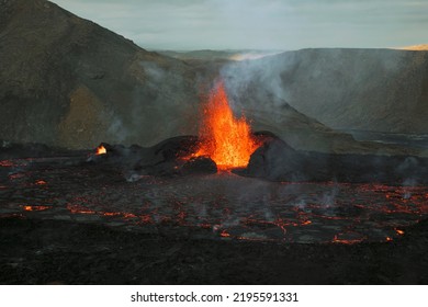 Erupting Volcano Of Fagradalsfjall In Iceland With Lava In Reykjavik