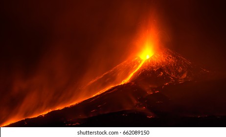 Eruption of the mount Etna viewed from mount Serracozzo, 2016.