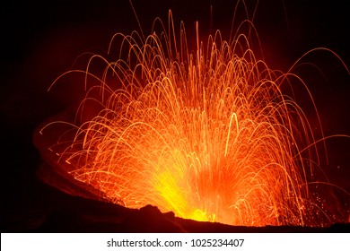 Eruption Yasur Vulcano And Sunset On The Crater Edge, Tanna, Vanuatu