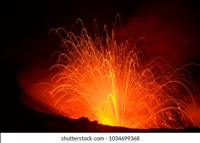 Eruption Yasur Vulcano And Sunset On The Crater Edge, Tanna, Vanuatu