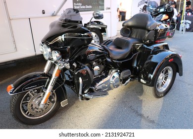 ERWIN, UNITED STATES - Sep 09, 2017: A closeup of a black three wheeled motorcycle at a Harley Davidson Festival in Erwin, Tennessee, USA