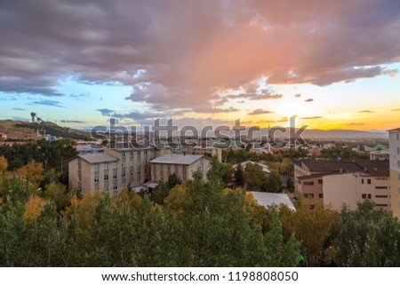 Similar – Sonnenaufgang über Prag und fliederfarbene Blumen