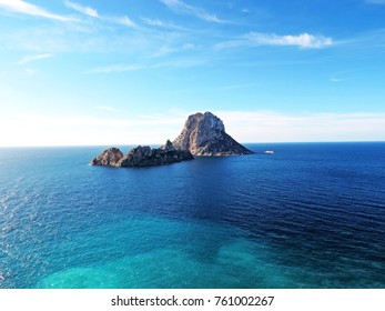 Es Vedra, famous place on Ibiza Island with blue sea and copy space.