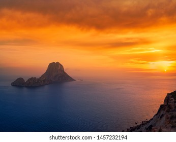 Es Vedra islet sunset in Sant Josep of Balearic Islands