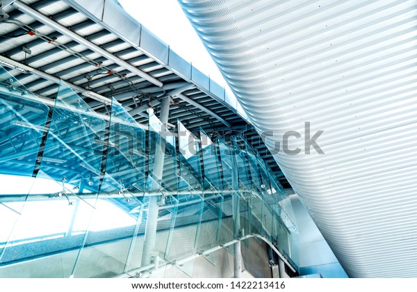 Escalator Entrance Staircase Glass Partition Barrier Stock Photo