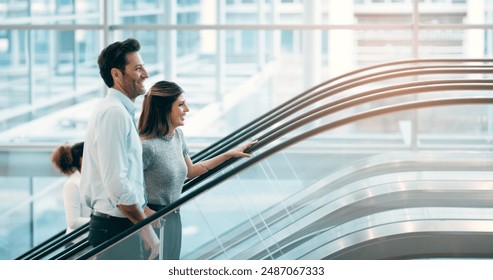 Escalator, morning and business people in office talking for arrival in lobby for work, job or career. Modern building, corporate team and workers on electrical stairs chat, workplace and coworker - Powered by Shutterstock