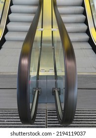 Escalators With Glowing Panels. Abstract Transportation And Modern Architecture Photo. Public  Building Interior Of Subway, Railway Station, Office Or Shopping Mall. Moving Staircase. Up And Down.