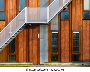 Escape Stairs On A Modern Sustainable Wooden Office Facade