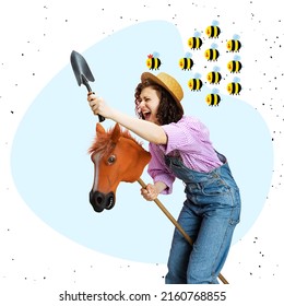 Escaping From Bees. Dynamic Portrait Of Young Female Gardener In Work Uniform And Gumboots Riding Drawn Toy Horse On Light Background. Concept Of Emotions, Agronomy. Funny Meme Emotions.