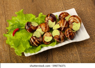 Escargot With Cheese Cream On Salad Leaves