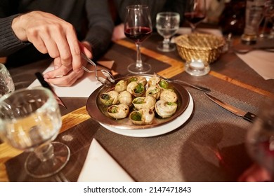 Escargot Dish, Cooked Snails Served In A French Restaurant