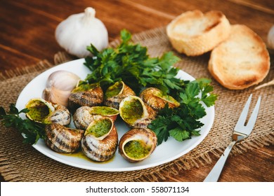 Escargots de Bourgogne - Snails with herbs butter, gourmet dish in French traditional  with parsley and bread on white platter