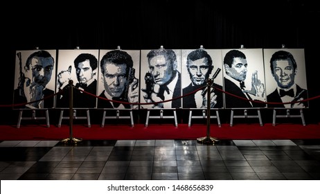Escazu, San Jose / Costa Rica - 02.18.2019: Exhibition of Lego artwork by licenced builder Ryan McNaught (The Brickman experience). Black and white portraits of actors portraying James Bond