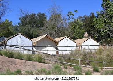 ESCONDIDO, CALIFORNIA - 9 FEB 2022:  Guest Tents At The Roar And Snore Camp Ground At The San Diego Zoo Safari Park, Where Guests Can Overnight In The Park.