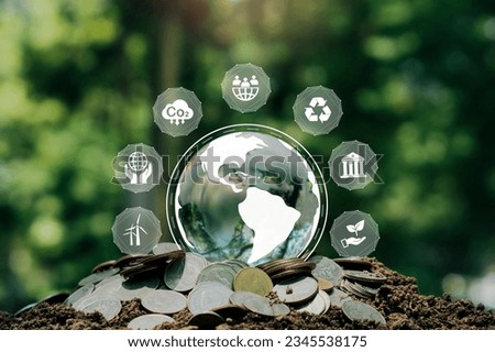 ESG concept.Crystal earth on money coin, ESG icon for Environment Social and Governance, World sustainable environment concept.
