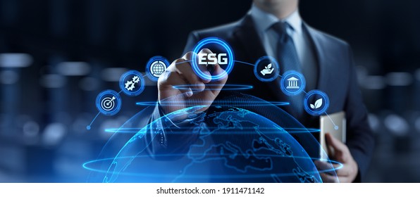 ESG environmental social governance business strategy investing concept. Businessman pressing button on screen. - Shutterstock ID 1911471142