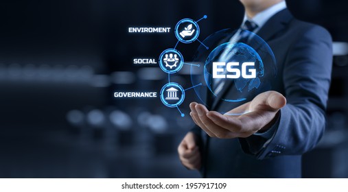 ESG Environmental Social Governance Business Strategy Investing Concept. Businessman Pressing Button On Screen.