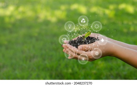 ESG icon concept circulating in hands for environment, society and governance. Esg. in sustainable business on networked connections on green background. - Shutterstock ID 2048237270