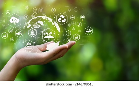 ESG icon concept. Environment, society and governance. Energy of natural gas sustainable and ethical business on network connection on green background.