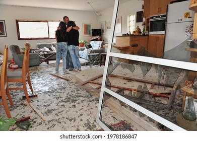 ESHKOL, ISR - JAN 02 2009:Palestinian rocket hits Israeli family house.Since 2001over 15,000 rockets hit Israel killed 30 injured 2000 people widespread psychological trauma and disrupted daily life.