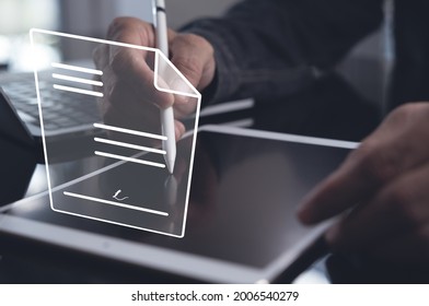 E-signing, Electronic Signature, Document Management, Paperless Office Concept. Closeup Of Businessman Using Stylus Pen Signing On E Contract On Digital Tablet On Tablet With Acceptance Form 