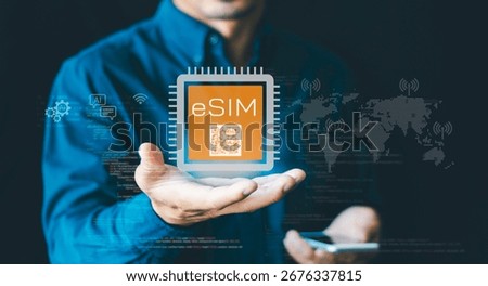 eSIM embedded, digital SIM concept. embedded in electronic devices such as smartphones, tablets or IoT devices, AI technology, digital communication innovation using QR code  