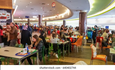 Eskisehir, Turkey - April 08, 2017: Crowded Food Court At Shopping Mall In Eskisehir. People Resting And Eating At The Food Court In A Shopping Mall.