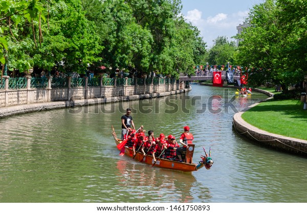 Eskisehir,\
TURKEY - May 19, 2019: Traditional canoe race called \