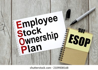 ESOP . EMPLOYEE STOCK OWNERSHIP PLAN. text on a piece of paper on a wooden table