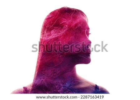 Esoteric portrait. Spiritual aura. Soul healing. Double exposure pink purple blue color glitter mist peaceful woman face silhouette on white free space.