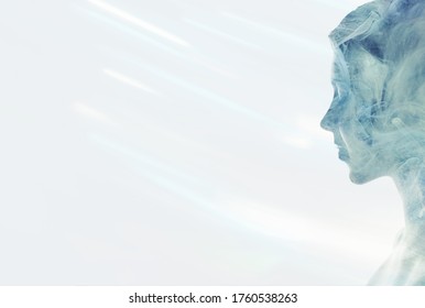 Esoteric Portrait. Spiritual Enlightenment. Blue Mist In Peaceful Woman Silhouette Double Exposition Isolated On White.
