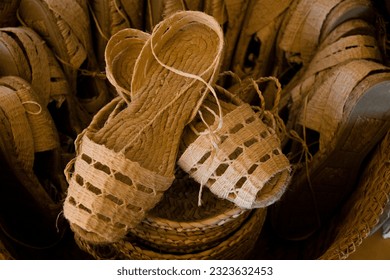 Esparto grass slippers. Typical esparto grass crafts. Sant Miquel de Balansat. It's Amunts. Ibiza. Balearic islands. Spain.