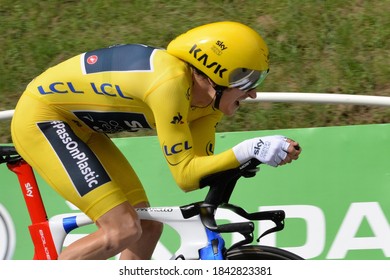 Espelette, France - July 28, 2018: Geraint Thomas From Team Sky In The Yellow Jersey 