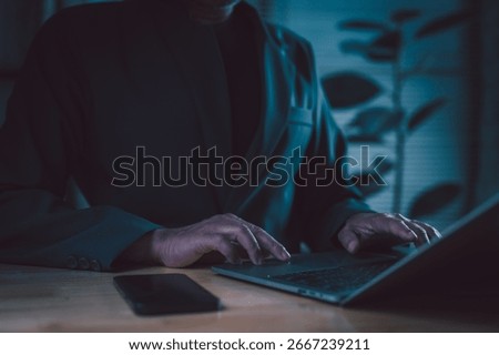 Espionage uses computer for corporate security, espionage monitors smartphone data and network, while corporate technology links office man laptop concept hands internet, espionage at desk. background business