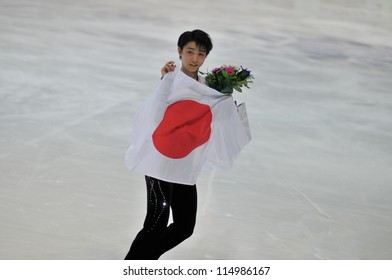 ESPOO, FINLAND - OCTOBER 06: Yuzuru Hanyu Of Japan, Winner Of Finlandia Trophy 2012 Men's Competition, After The Victory Ceremony On October 06, 2012 In Espoo, Finland