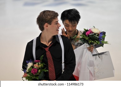 ESPOO, FINLAND - OCTOBER 06: Yuzuru Hanyu Of Japan And Richard Dornbush Of USA After The Victory Ceremony At Finlandia Trophy 2012 On October 06, 2012 In Espoo, Finland