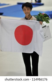 ESPOO, FINLAND - OCTOBER 06: Yuzuru Hanyu Of Japan, Winner Of Finlandia Trophy 2012, Posing After The Victory Ceremony At Finlandia Trophy 2012 On October 06, 2012 In Espoo, Finland