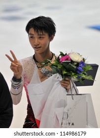 ESPOO, FINLAND - OCTOBER 06: Yuzuru Hanyu Of Japan, Winner Of Finlandia Trophy 2012, Posing After The Victory Ceremony At Finlandia Trophy 2012 On October 06, 2012 In Espoo, Finland