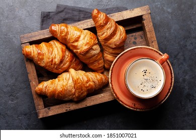 Espresso Coffee And Croissants For Breakfast. Top View Flat Lay