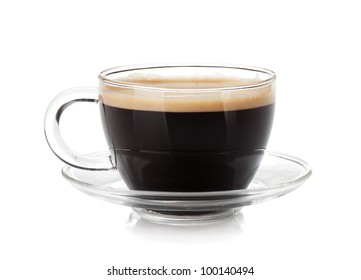 Espresso Coffee In Glass Cup. Isolated On White Background