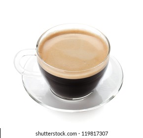 Espresso Coffee In Glass Cup. Isolated On White Background