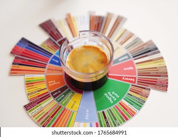 Espresso coffee shot on taster's flavor wheel. Top view. White background