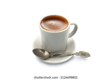 Espresso Coffee In White Ceramic Cup.Place In A Saucer And A Spoon On The Side.golden Yellow Crema.Isolated Illustration On A White Background.