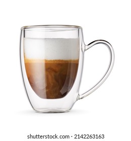 Espresso macchiato coffee in a double wall glass mug isolated on white background