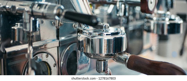 Espresso Machine Parts. Commercial Coffee Machine. Coffee Maker In Coffee Shop. Stainless Steel Cooking Appliance To Brew Coffee. Espresso Being Brewed In Cafe. All Your Favourite Coffees.