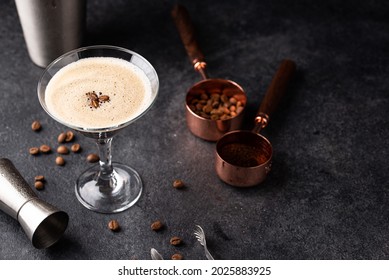 Espresso Martini Cocktails With Coffee Beans And Shaker