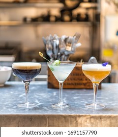 Espresso Martini, Cucumber Martini And Passionfruit Sour On Bar