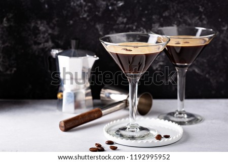 Espresso martini in two glasses, coffee cocktail concept